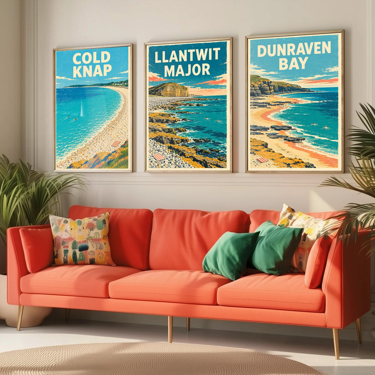 Cold Knap, Llantwit Major and Dunraven Bay Set of Three Art Prints - Dappled Blue Heritage Coast Posters - Grainy Retro Illustration V2