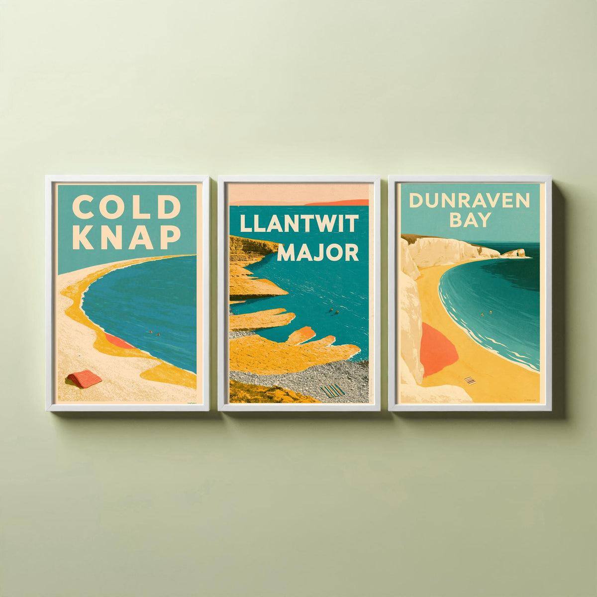 Heritage Coast Wales Set of Three Art Prints - Cold Knap, Llantwit Major, Dunraven Bay - Electric Blue Mid Century Illustration Posters V2