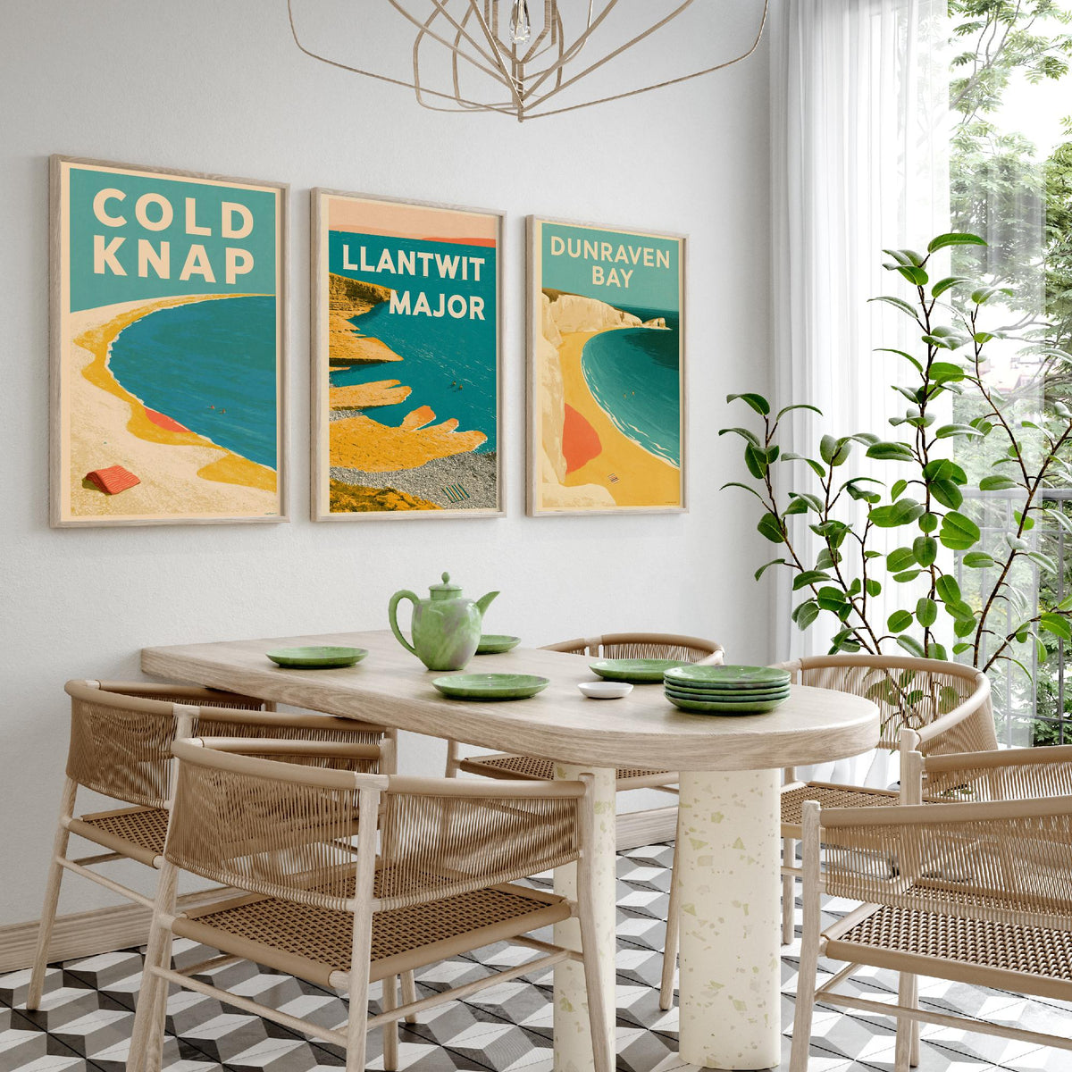 Heritage Coast Wales Set of Three Art Prints - Cold Knap, Llantwit Major, Dunraven Bay - Electric Blue Mid Century Illustration Posters V2