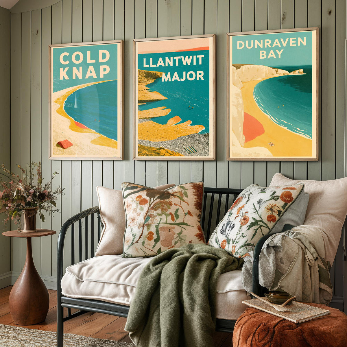 Heritage Coast Wales Set of Three Art Prints - Cold Knap, Llantwit Major, Dunraven Bay - Electric Blue Mid Century Illustration Posters V2