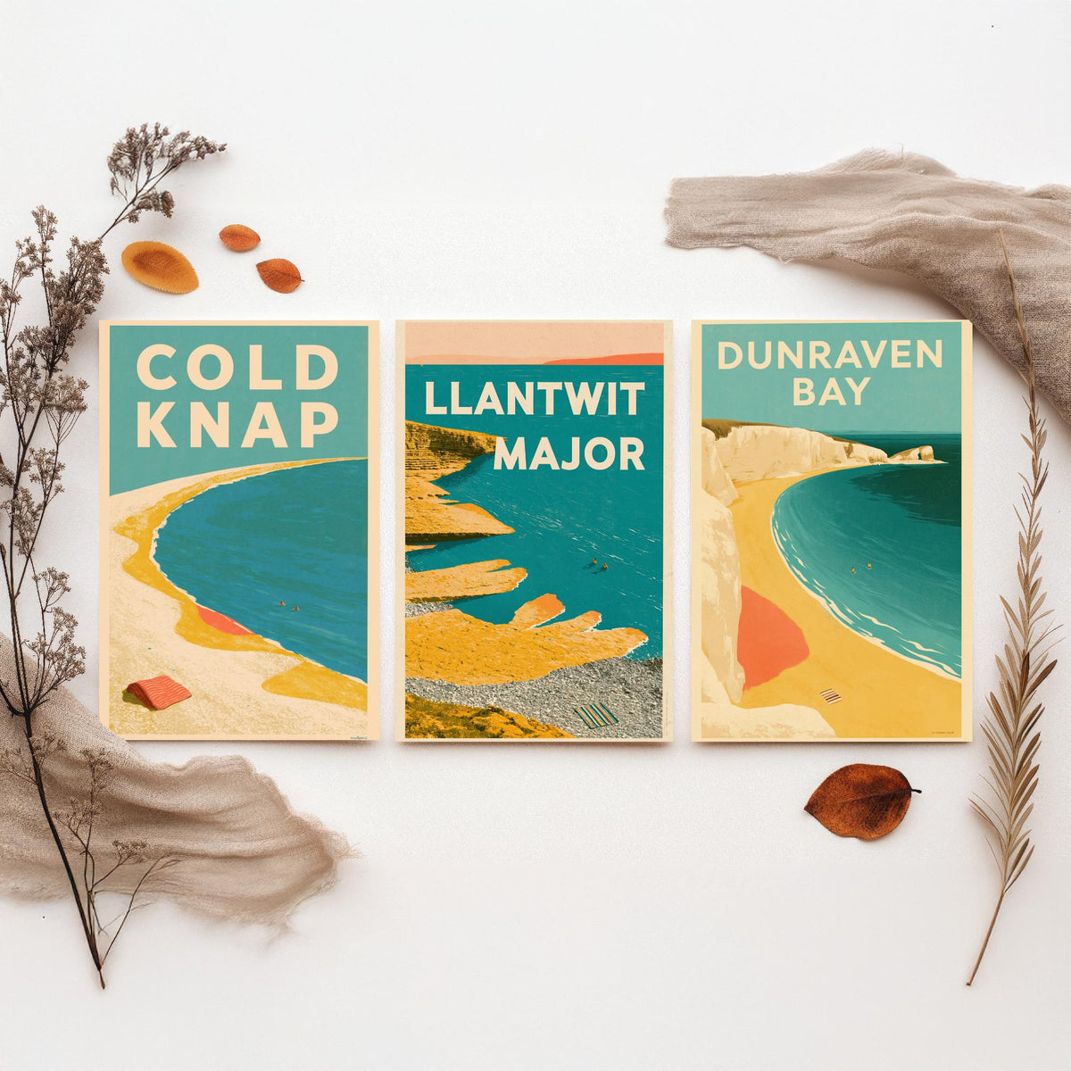 Heritage Coast Wales Set of Three Art Prints - Cold Knap, Llantwit Major, Dunraven Bay - Electric Blue Mid Century Illustration Posters V2