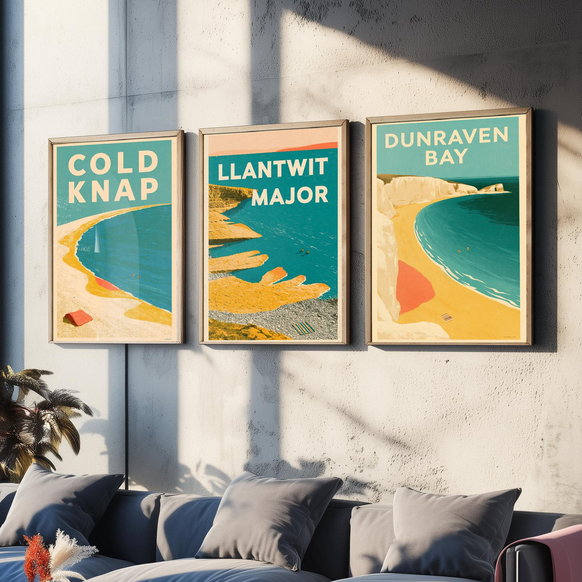 Heritage Coast Wales Set of Three Art Prints - Cold Knap, Llantwit Major, Dunraven Bay - Electric Blue Mid Century Illustration Posters V2