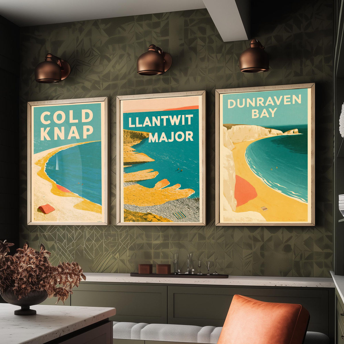 Heritage Coast Wales Set of Three Art Prints - Cold Knap, Llantwit Major, Dunraven Bay - Electric Blue Mid Century Illustration Posters V2