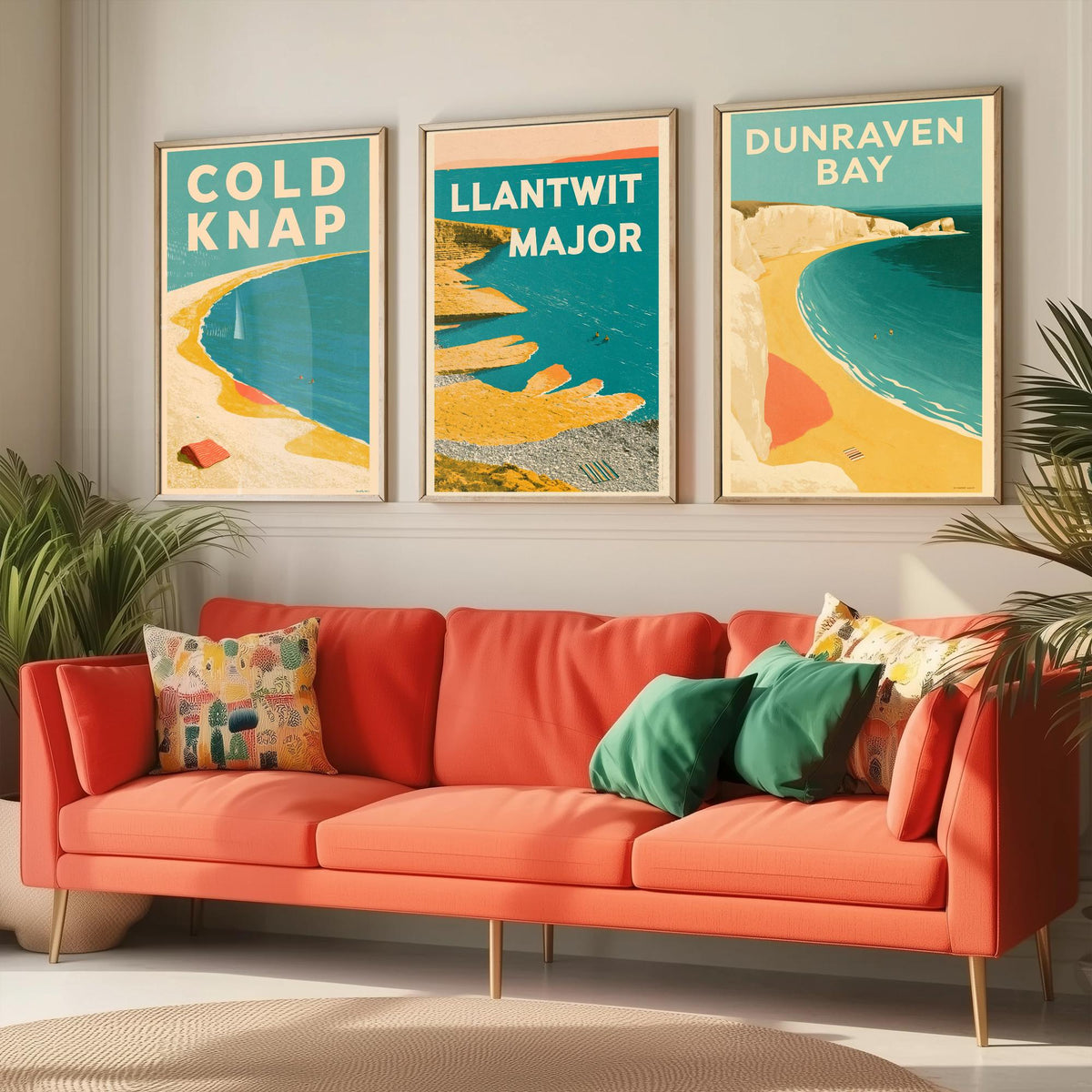 Heritage Coast Wales Set of Three Art Prints - Cold Knap, Llantwit Major, Dunraven Bay - Electric Blue Mid Century Illustration Posters V2