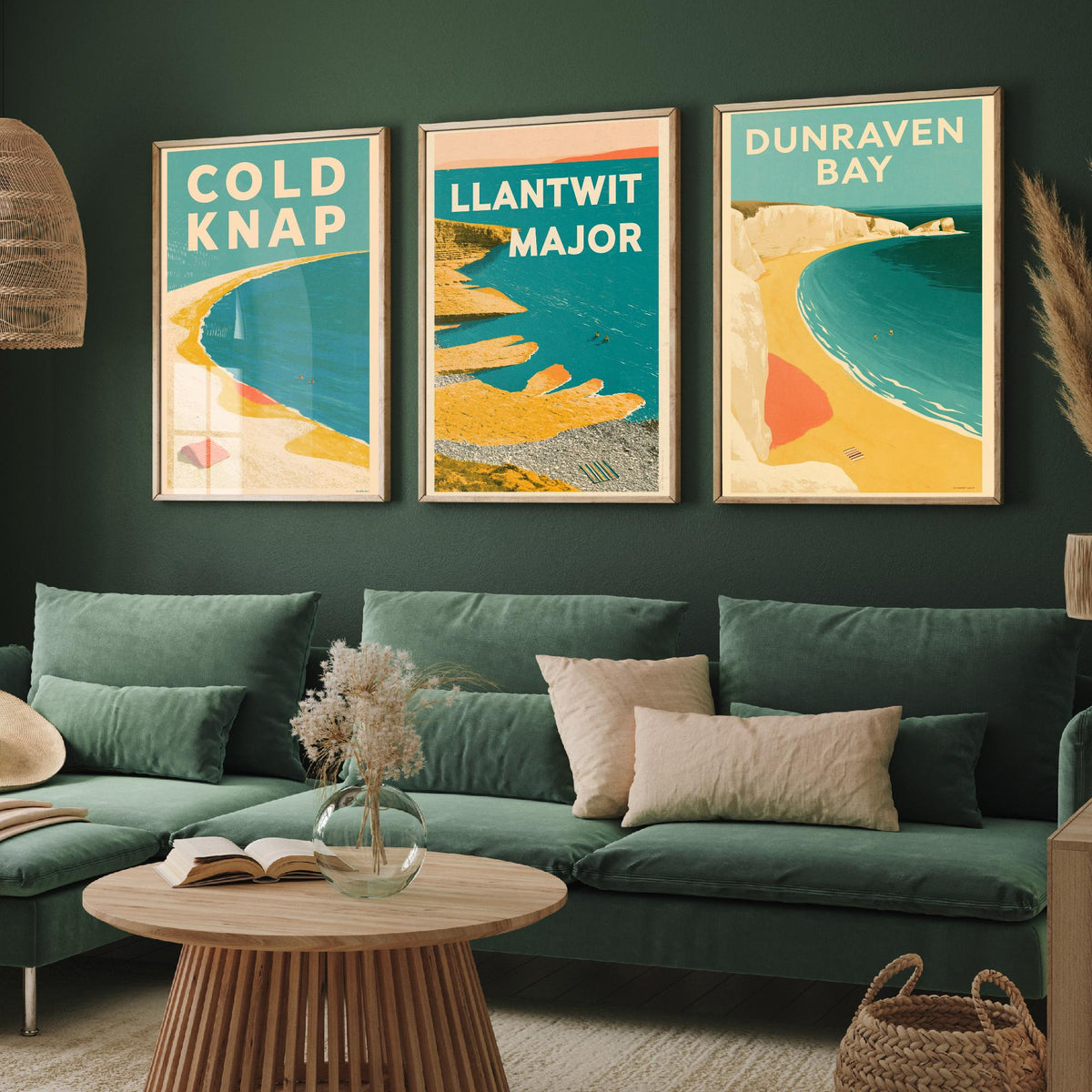 Heritage Coast Wales Set of Three Art Prints - Cold Knap, Llantwit Major, Dunraven Bay - Electric Blue Mid Century Illustration Posters V2