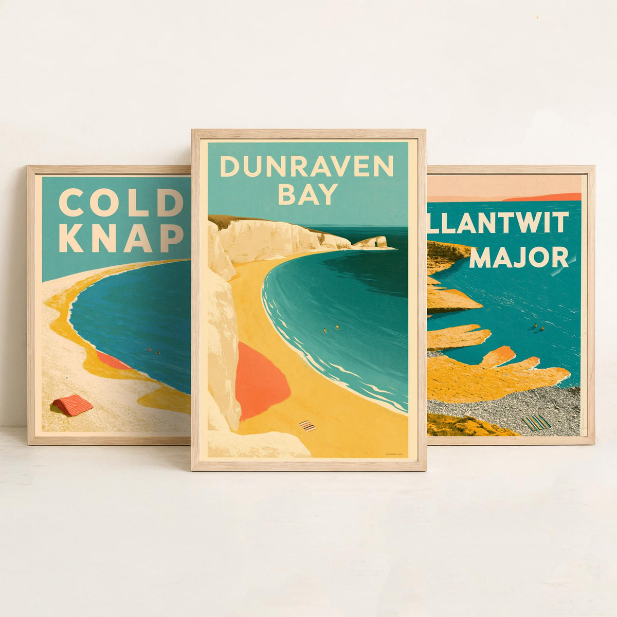 Heritage Coast Wales Set of Three Art Prints - Cold Knap, Llantwit Major, Dunraven Bay - Electric Blue Mid Century Illustration Posters V2
