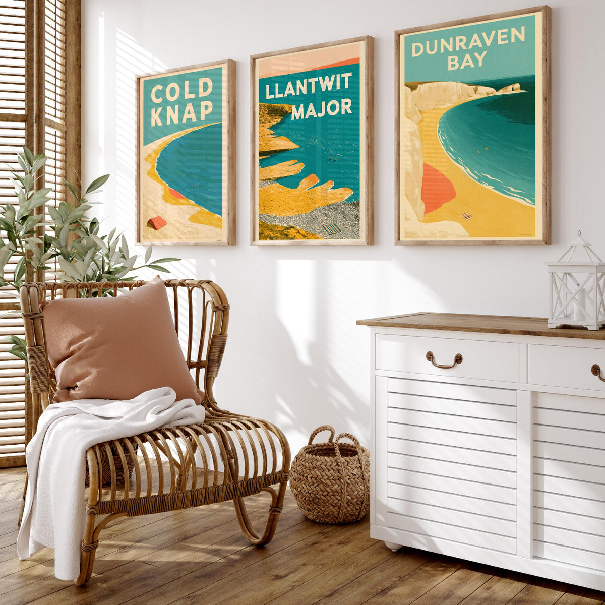 Heritage Coast Wales Set of Three Art Prints - Cold Knap, Llantwit Major, Dunraven Bay - Electric Blue Mid Century Illustration Posters V2