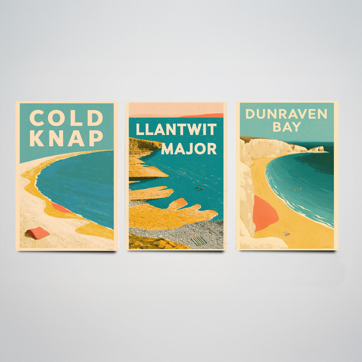 Heritage Coast Wales Set of Three Art Prints - Cold Knap, Llantwit Major, Dunraven Bay - Electric Blue Mid Century Illustration Posters V2