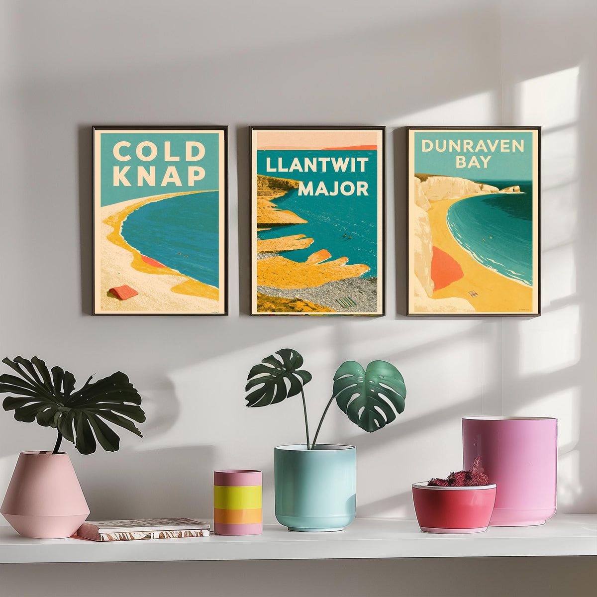Heritage Coast Wales Set of Three Art Prints - Cold Knap, Llantwit Major, Dunraven Bay - Electric Blue Mid Century Illustration Posters V2