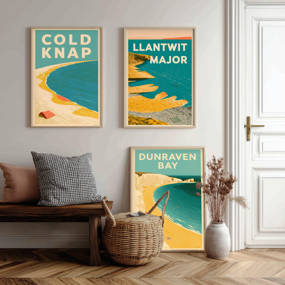 Heritage Coast Wales Set of Three Art Prints - Cold Knap, Llantwit Major, Dunraven Bay - Electric Blue Mid Century Illustration Posters V2