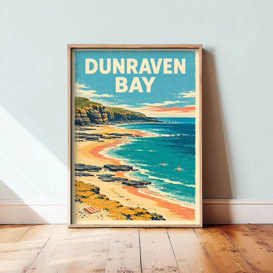 Dunraven Bay Travel Poster - Dappled Blue Art Print - Grainy Retro Seaside Illustration - Southerndown Cove