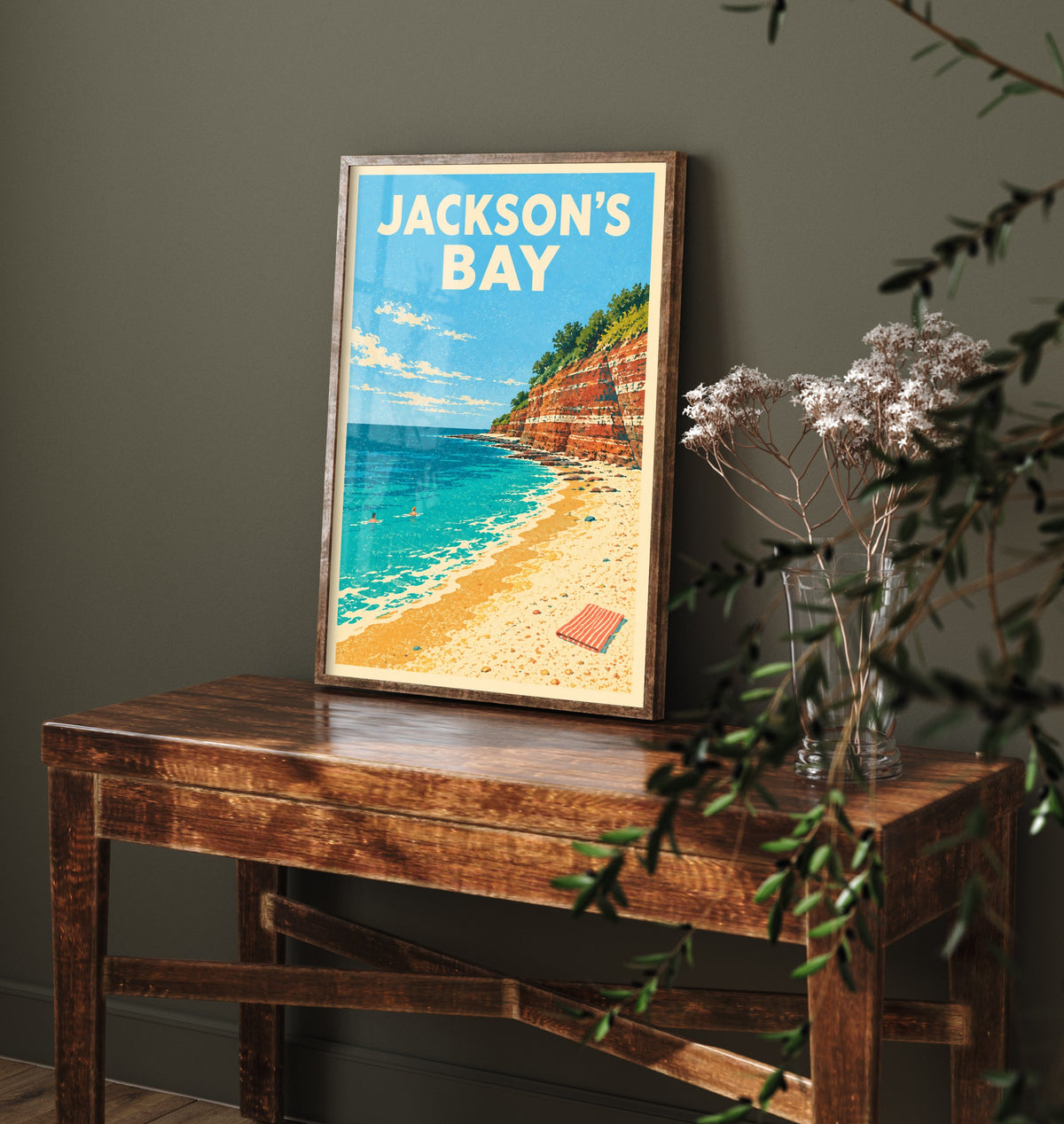 Jackson's Bay Travel Poster - Dappled Blue Art Print - Grainy Retro Seaside Illustration - Red Cliff Cove