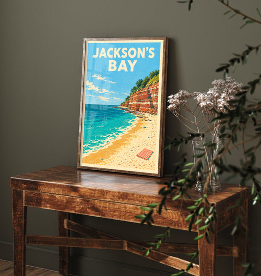 Jackson's Bay Travel Poster - Dappled Blue Art Print - Grainy Retro Seaside Illustration - Red Cliff Cove