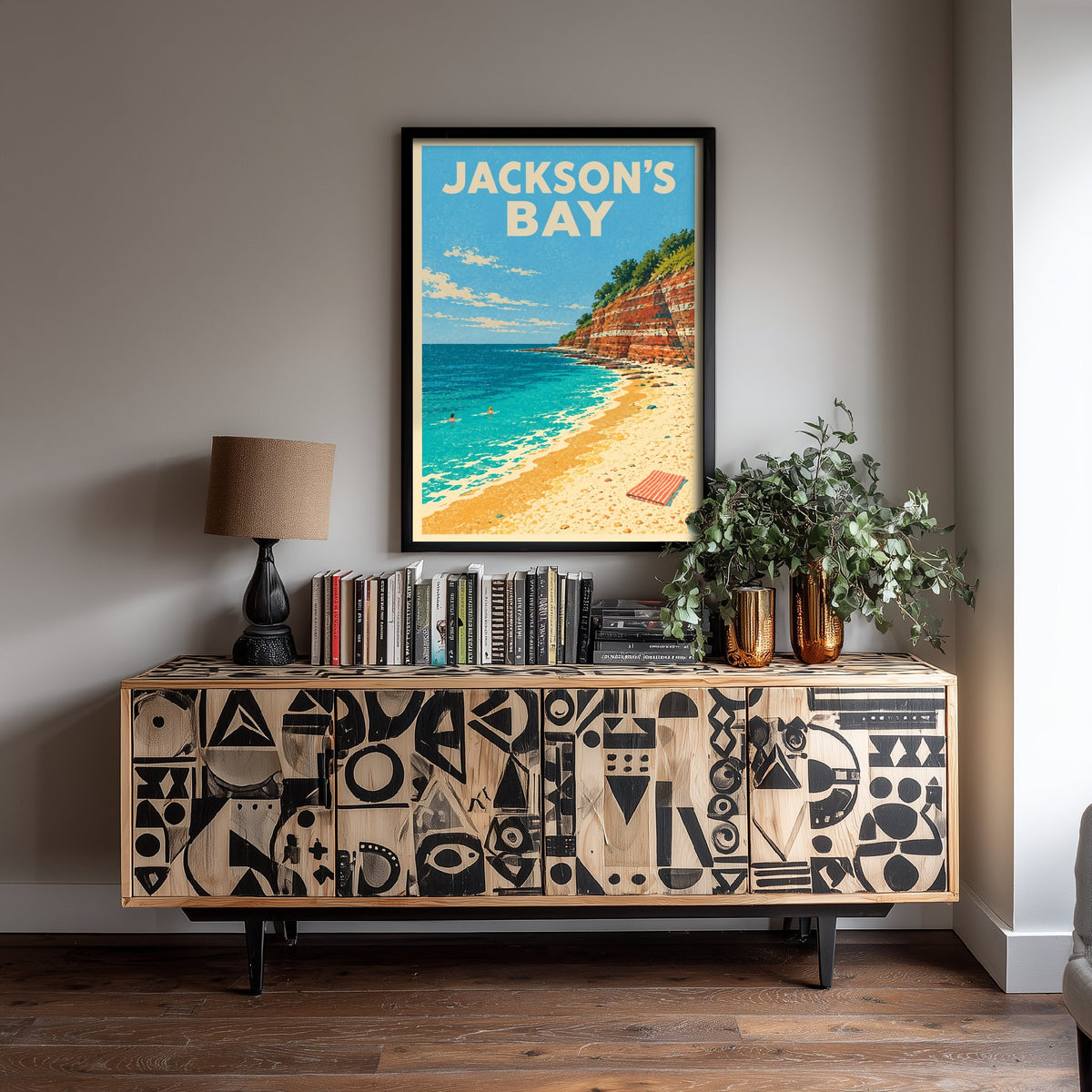 Jackson's Bay Travel Poster - Dappled Blue Art Print - Grainy Retro Seaside Illustration - Red Cliff Cove