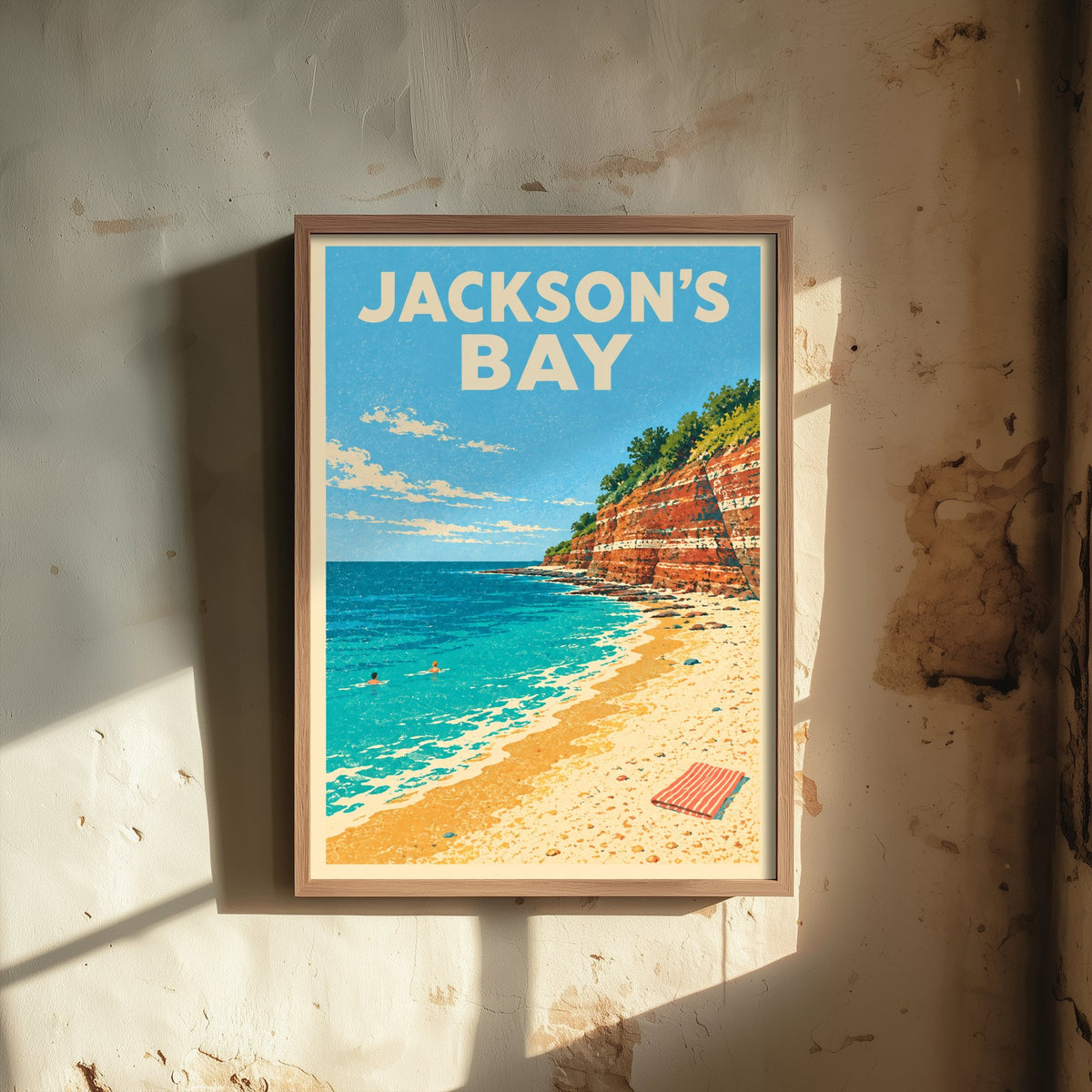 Jackson's Bay Travel Poster - Dappled Blue Art Print - Grainy Retro Seaside Illustration - Red Cliff Cove