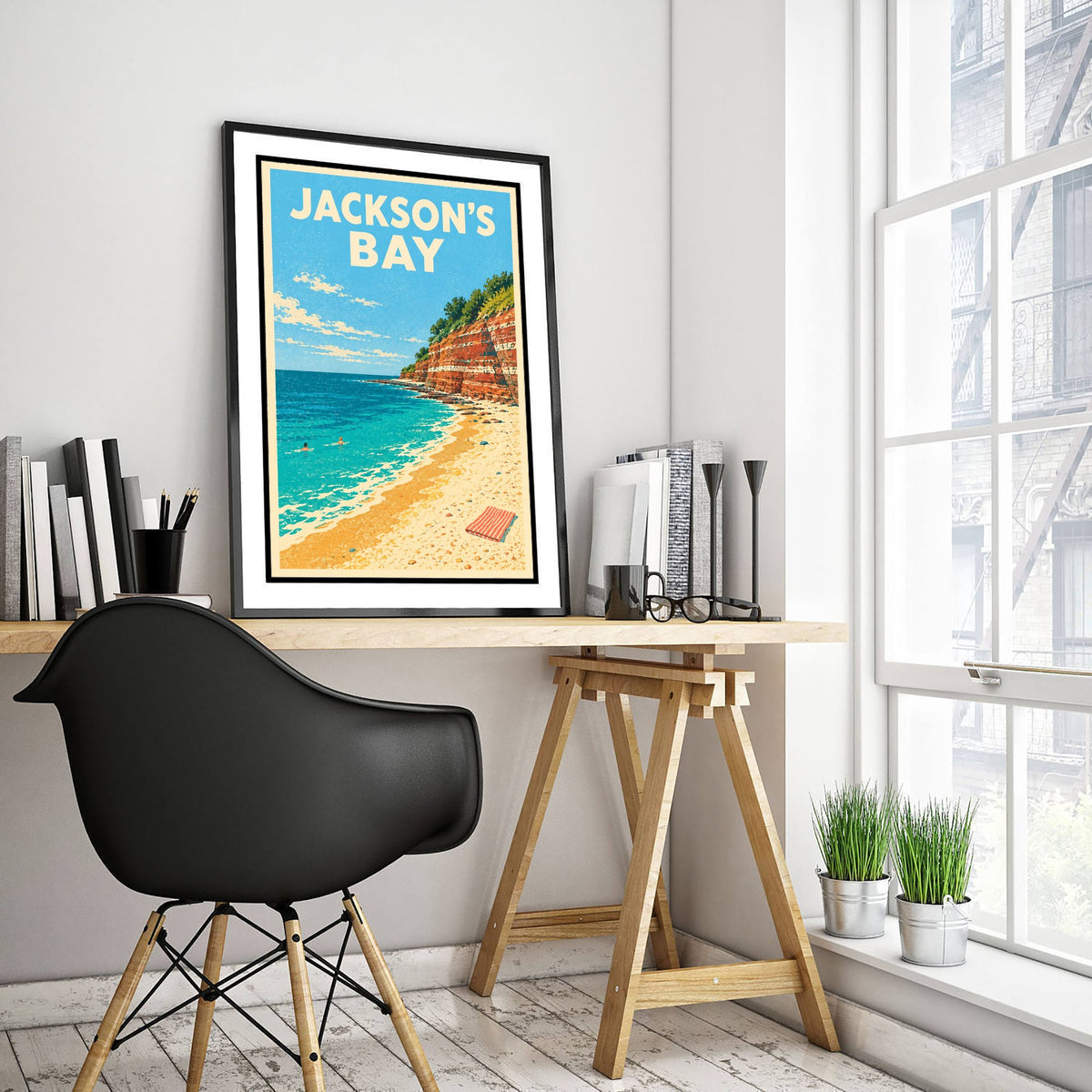 Jackson's Bay Travel Poster - Dappled Blue Art Print - Grainy Retro Seaside Illustration - Red Cliff Cove
