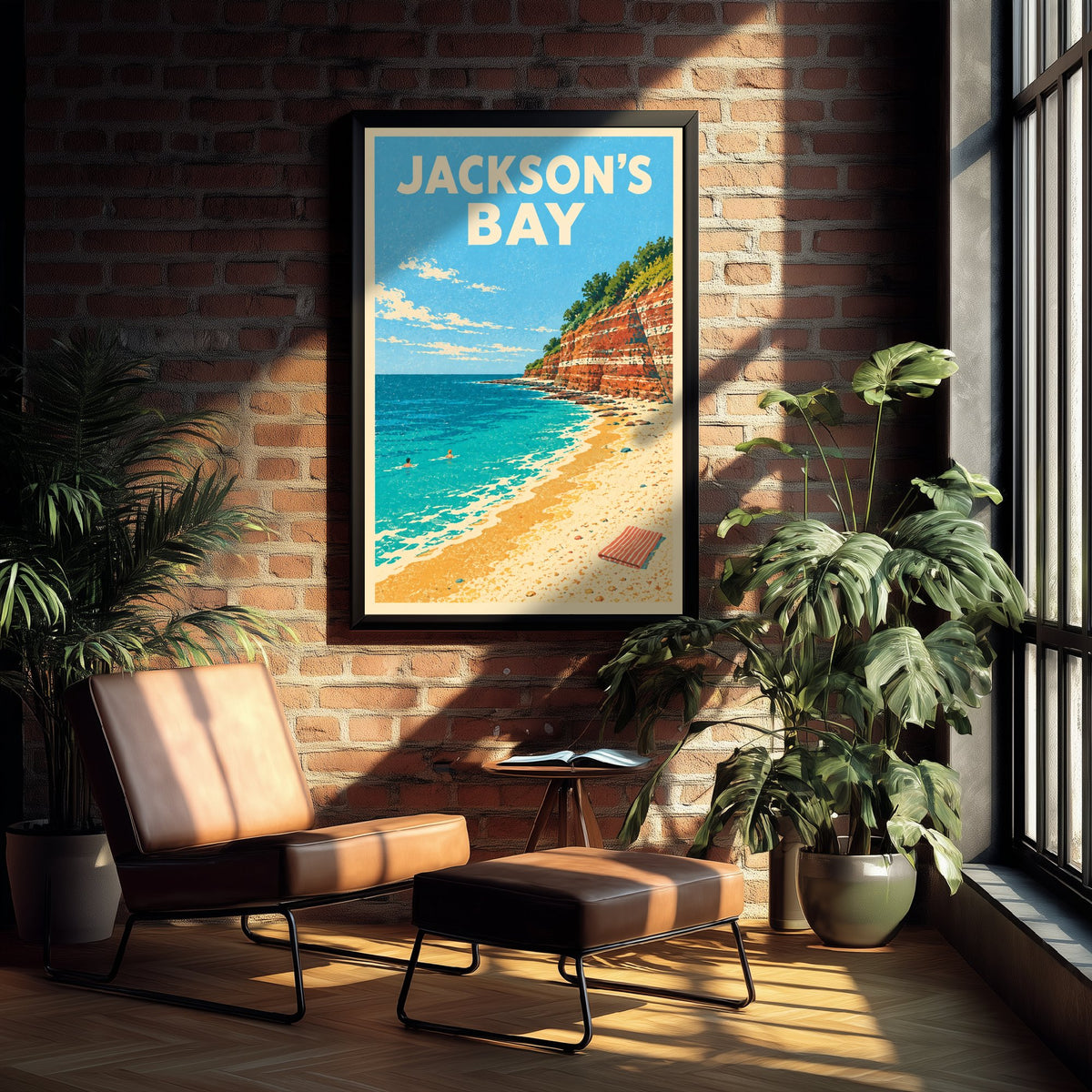 Jackson's Bay Travel Poster - Dappled Blue Art Print - Grainy Retro Seaside Illustration - Red Cliff Cove