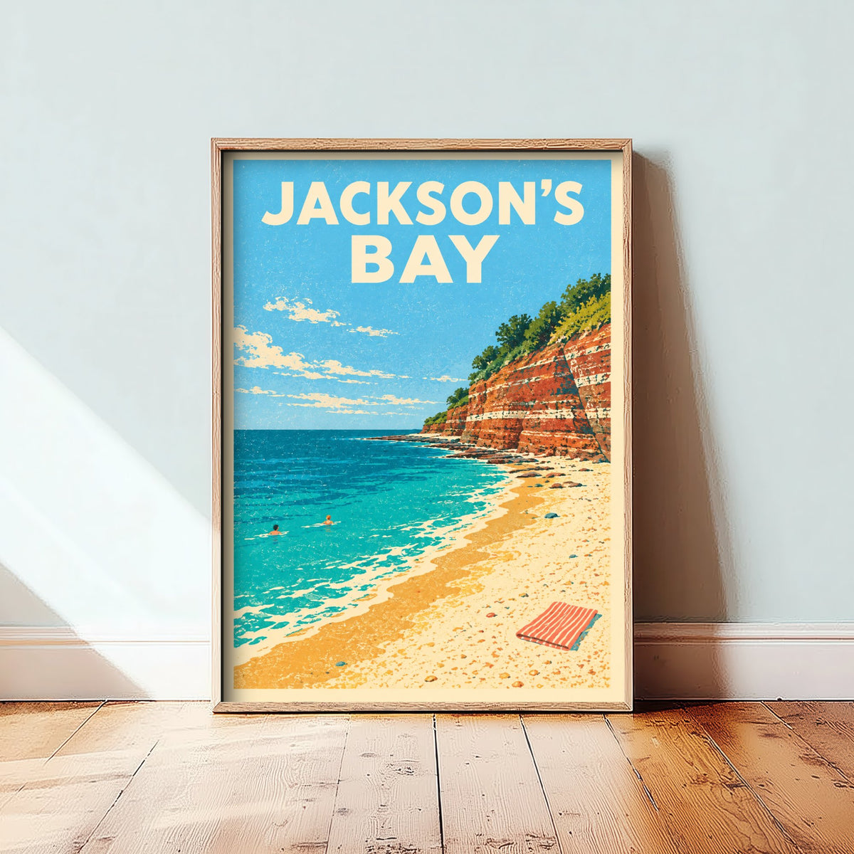 Jackson's Bay Travel Poster - Dappled Blue Art Print - Grainy Retro Seaside Illustration - Red Cliff Cove
