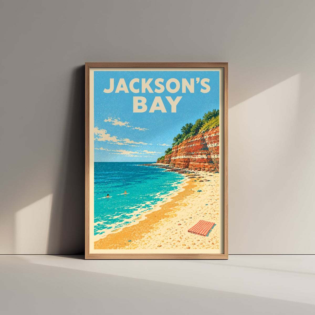 Jackson's Bay Travel Poster - Dappled Blue Art Print - Grainy Retro Seaside Illustration - Red Cliff Cove