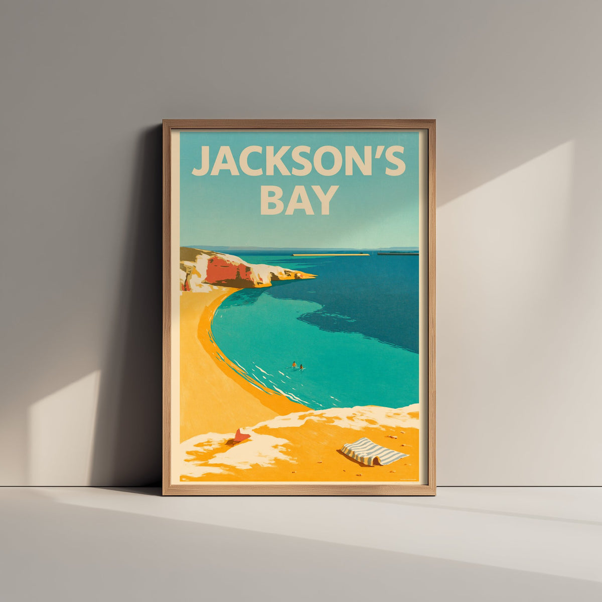 Jackson's Bay Travel Poster - Electric Blue Art Print - Mid Century Seaside Illustration - Red Cliff Cove