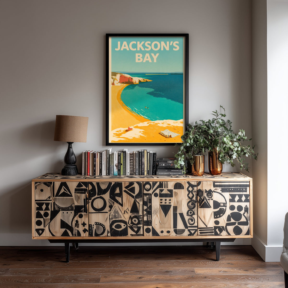 Jackson's Bay Travel Poster - Electric Blue Art Print - Mid Century Seaside Illustration - Red Cliff Cove