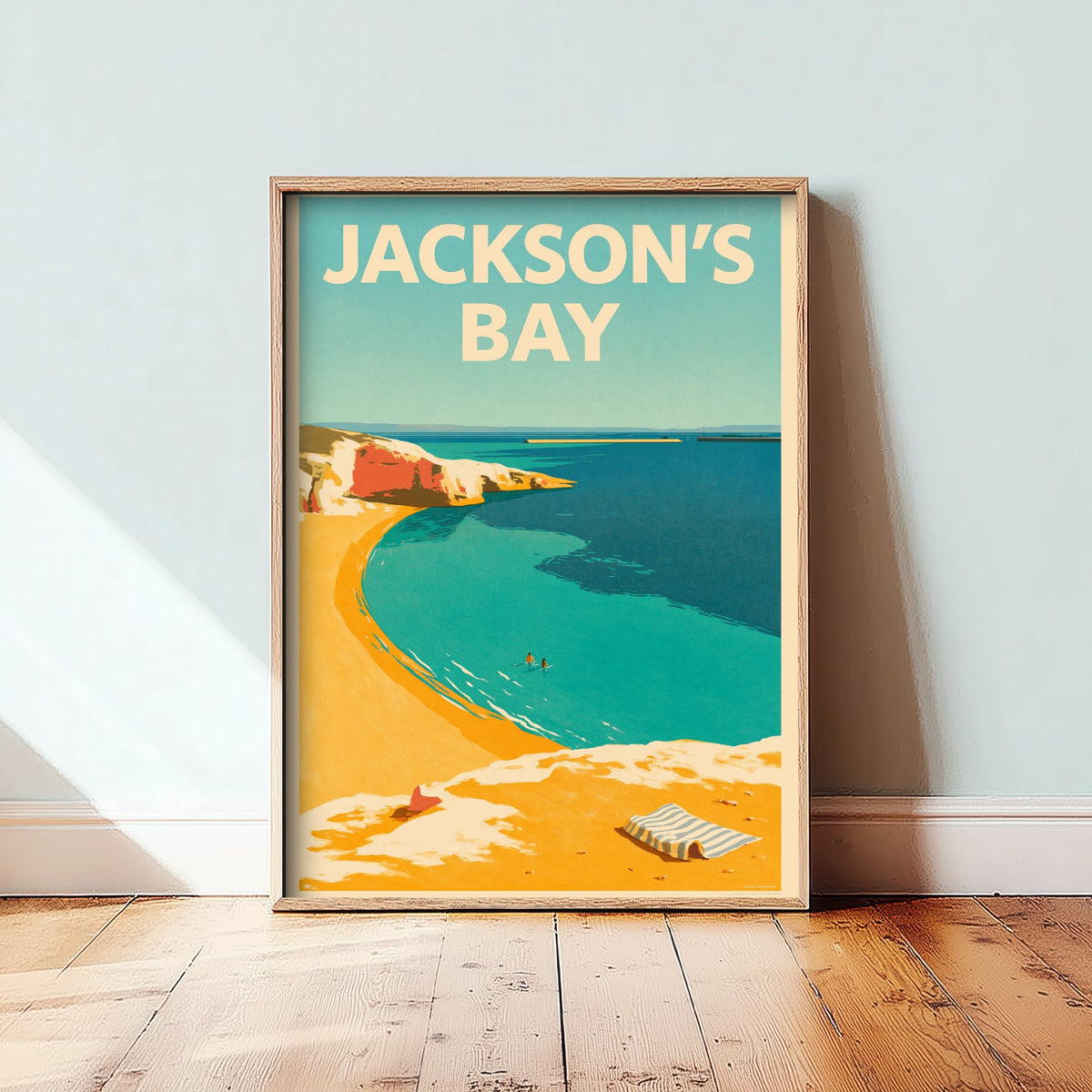 Jackson's Bay Travel Poster - Electric Blue Art Print - Mid Century Seaside Illustration - Red Cliff Cove