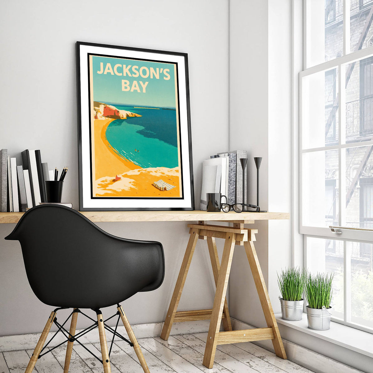 Jackson's Bay Travel Poster - Electric Blue Art Print - Mid Century Seaside Illustration - Red Cliff Cove