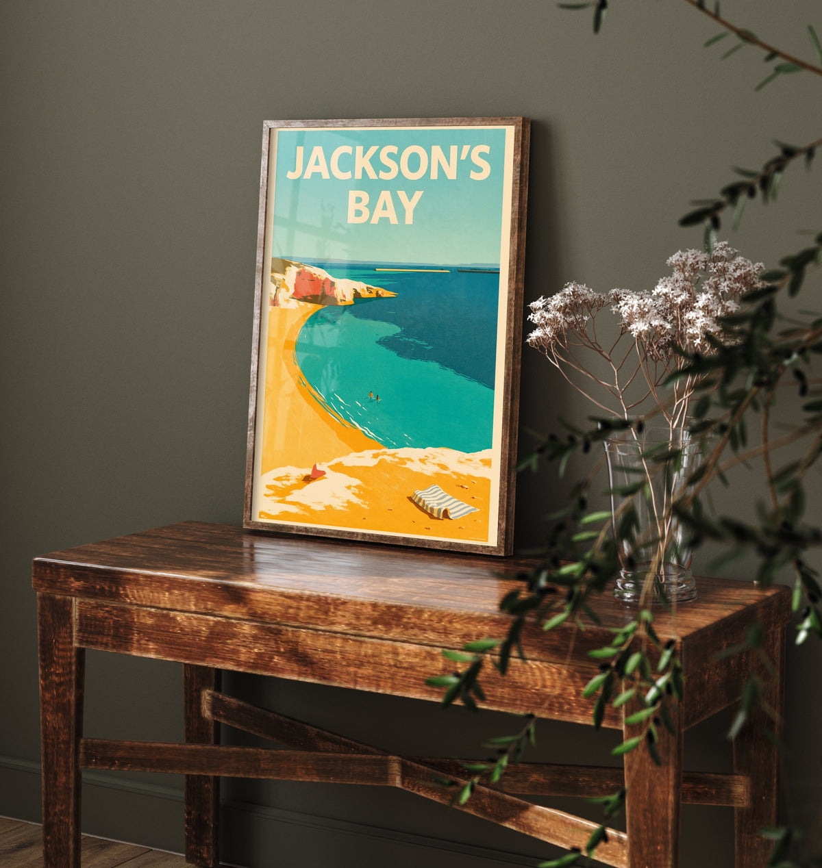 Jackson's Bay Travel Poster - Electric Blue Art Print - Mid Century Seaside Illustration - Red Cliff Cove
