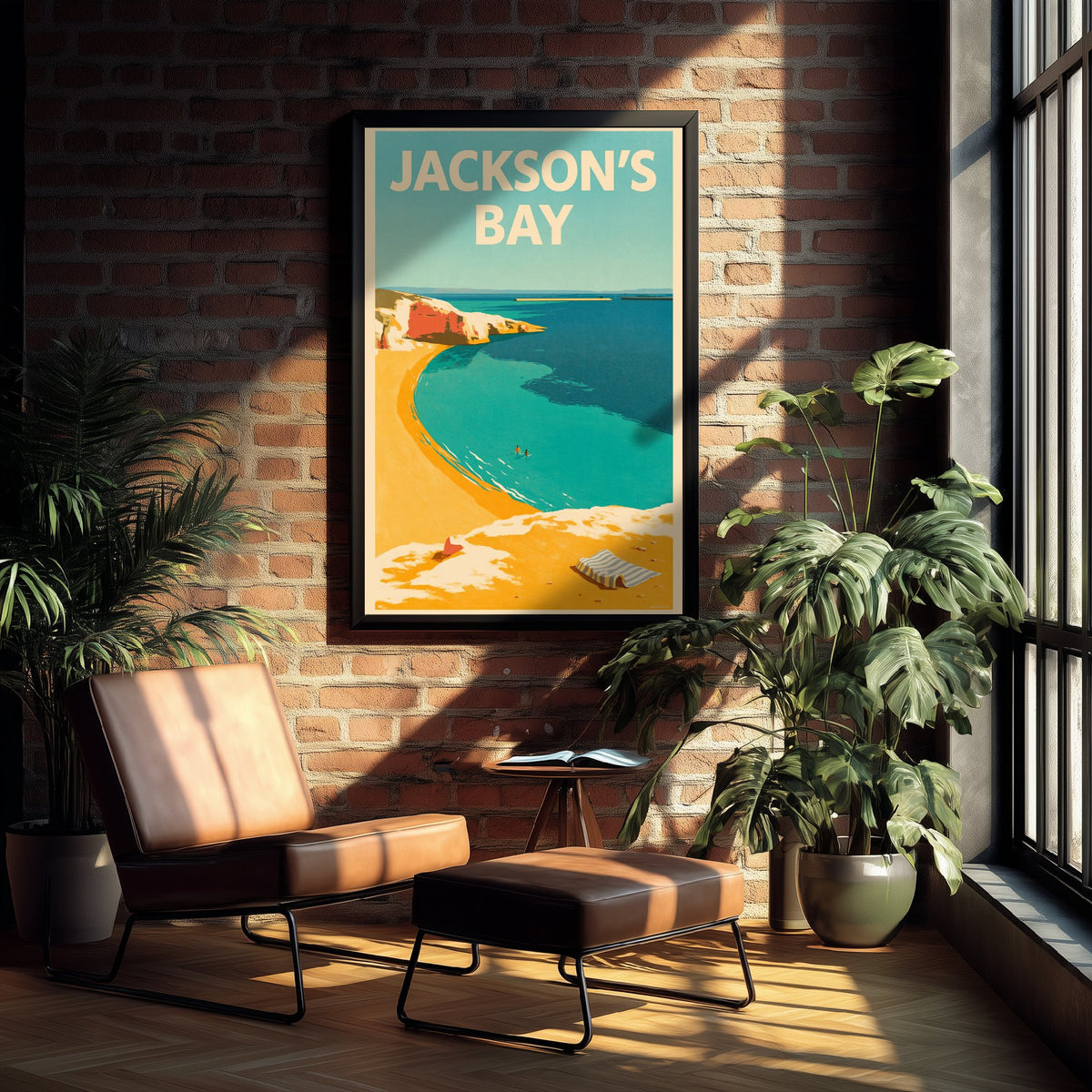 Jackson's Bay Travel Poster - Electric Blue Art Print - Mid Century Seaside Illustration - Red Cliff Cove