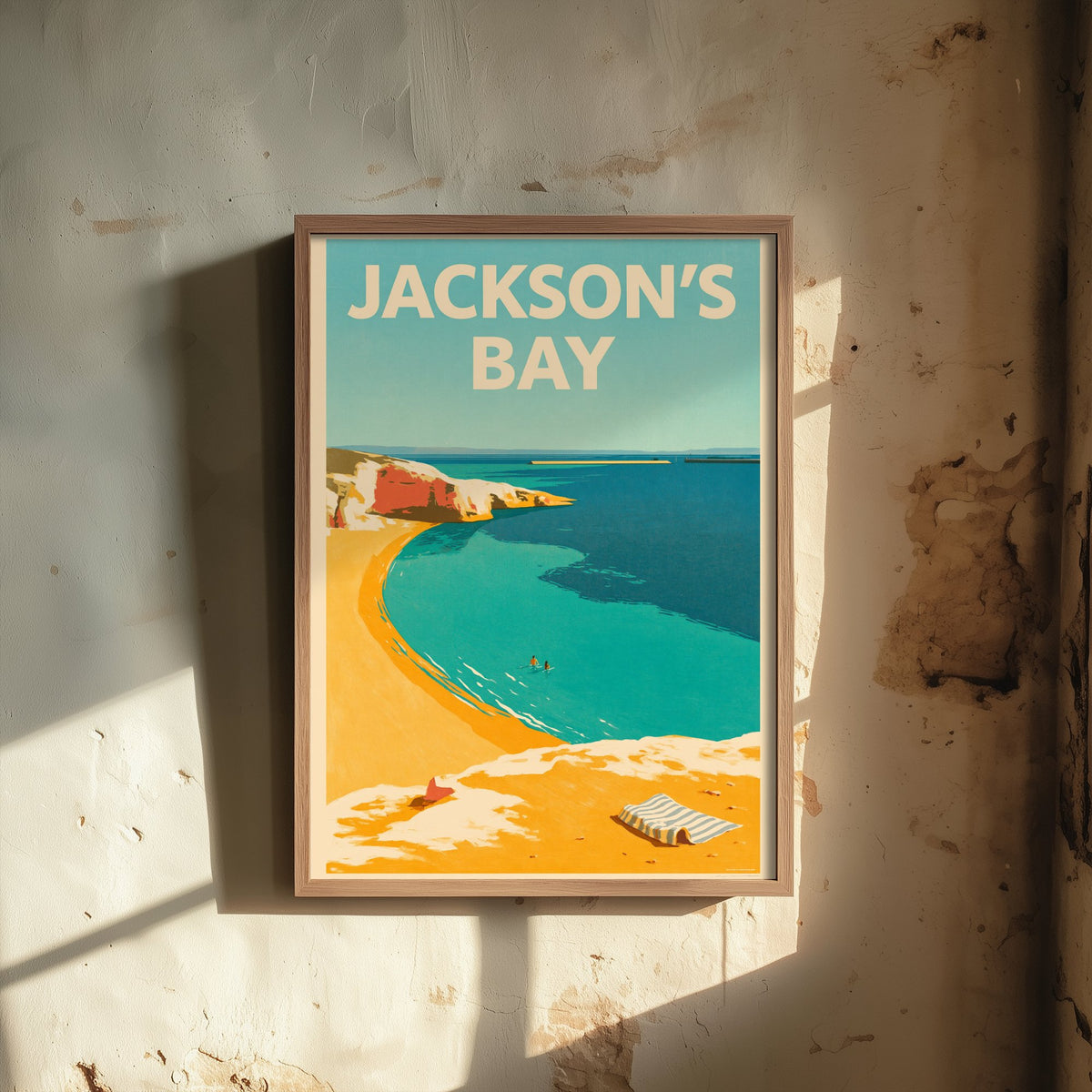Jackson's Bay Travel Poster - Electric Blue Art Print - Mid Century Seaside Illustration - Red Cliff Cove