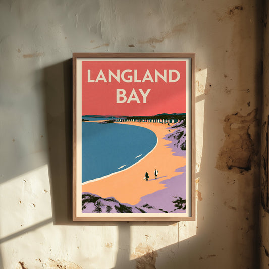 Langland Bay Travel Poster - Pink Summer Art Print - Coral Sky Coastal Illustration - Gower Beach Huts