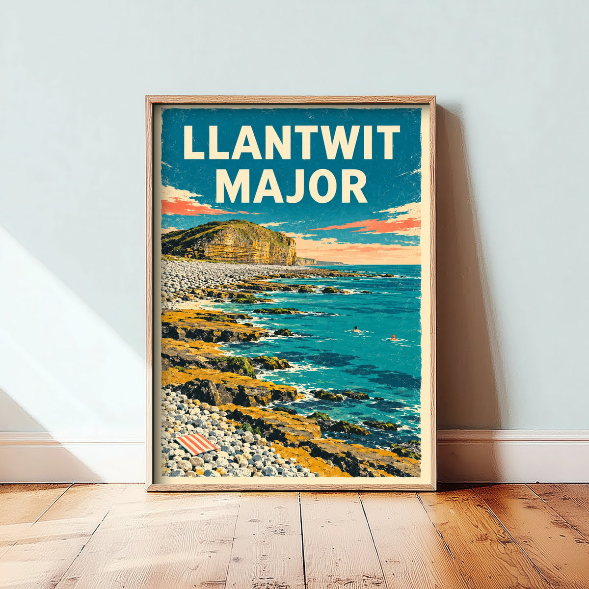 Llantwit Major Travel Poster - Dappled Blue Art Print - Grainy Retro Seaside Illustration - Heritage Coast Ledges