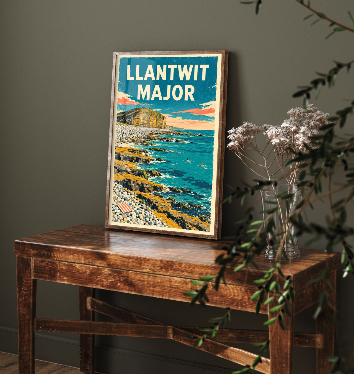 Llantwit Major Travel Poster - Dappled Blue Art Print - Grainy Retro Seaside Illustration - Heritage Coast Ledges