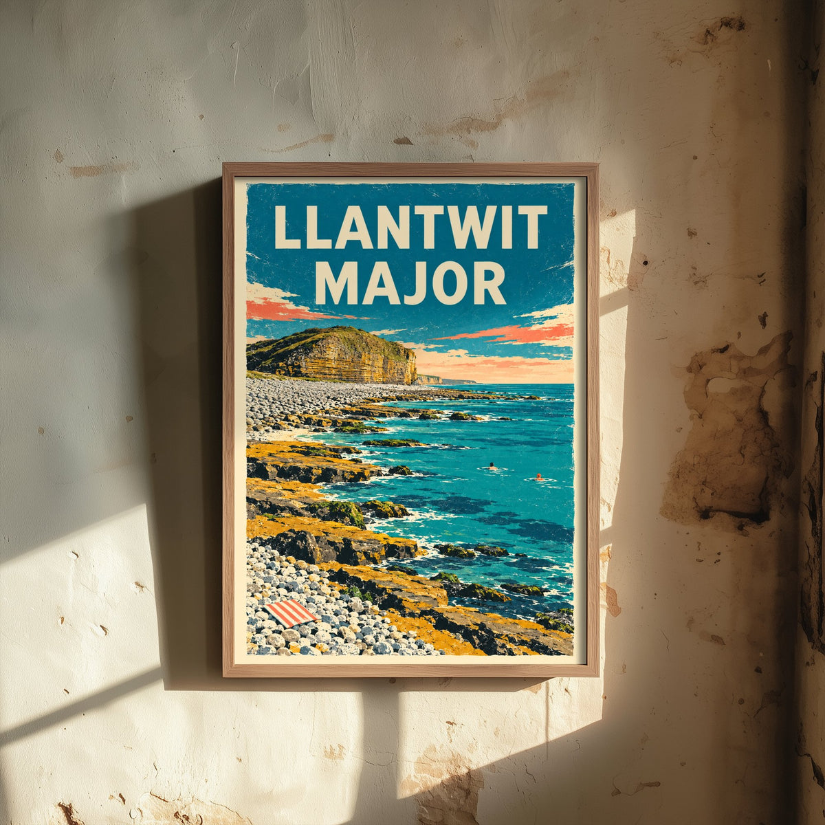 Llantwit Major Travel Poster - Dappled Blue Art Print - Grainy Retro Seaside Illustration - Heritage Coast Ledges