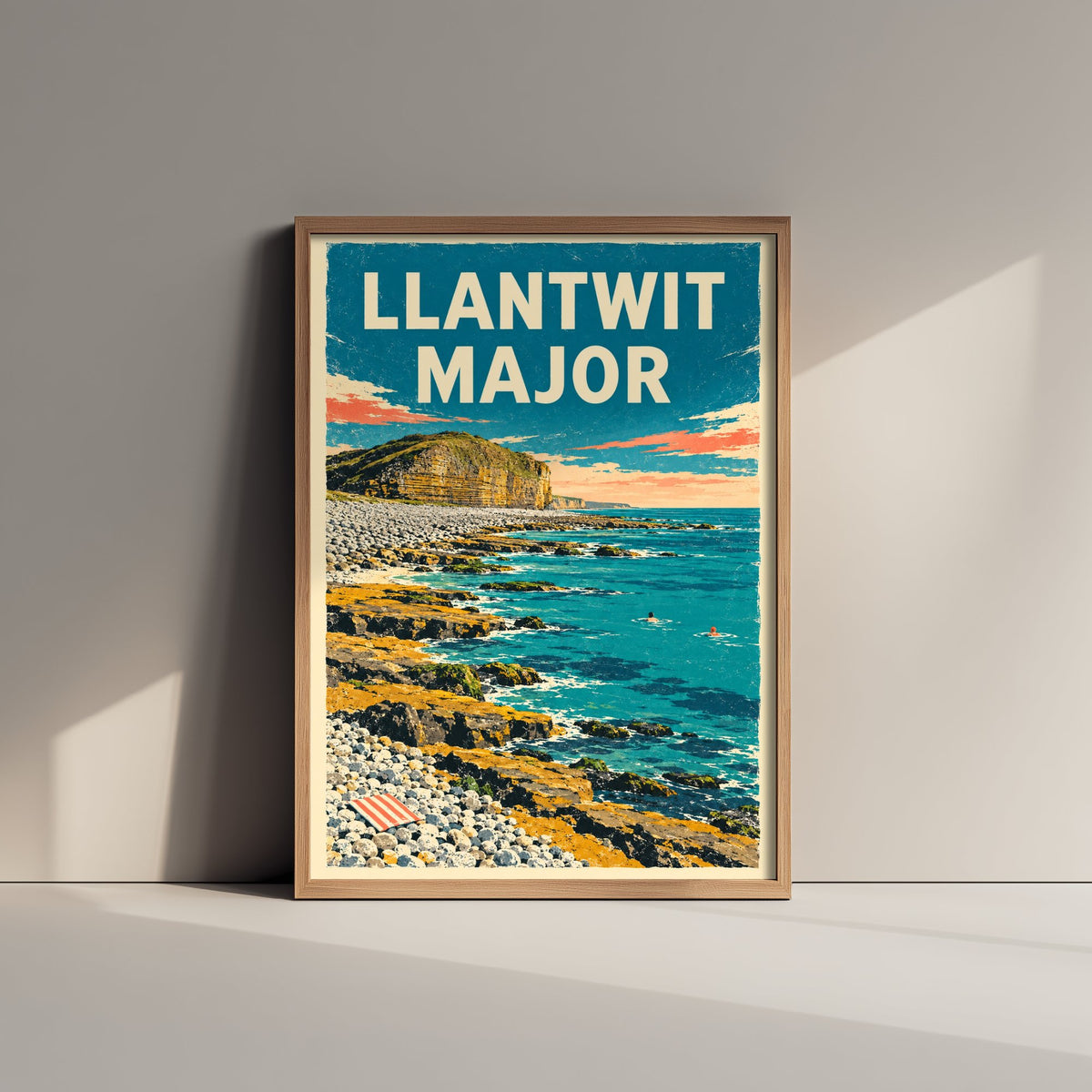 Llantwit Major Travel Poster - Dappled Blue Art Print - Grainy Retro Seaside Illustration - Heritage Coast Ledges