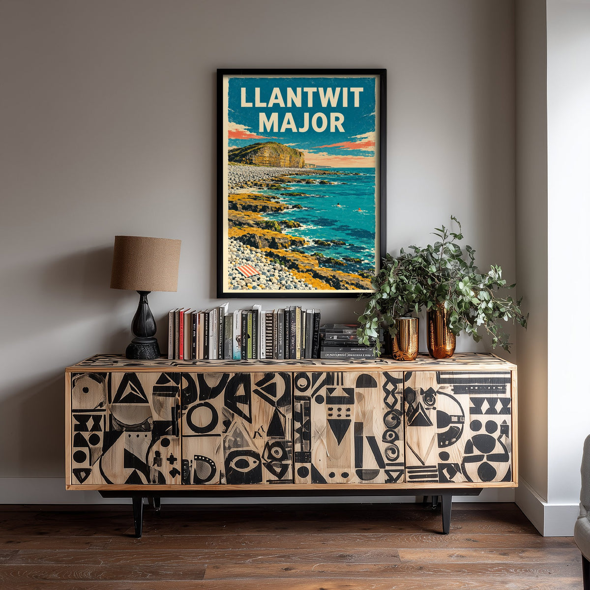 Llantwit Major Travel Poster - Dappled Blue Art Print - Grainy Retro Seaside Illustration - Heritage Coast Ledges
