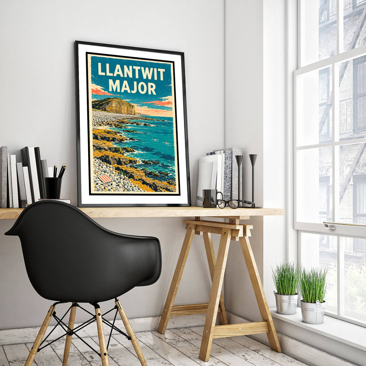 Llantwit Major Travel Poster - Dappled Blue Art Print - Grainy Retro Seaside Illustration - Heritage Coast Ledges
