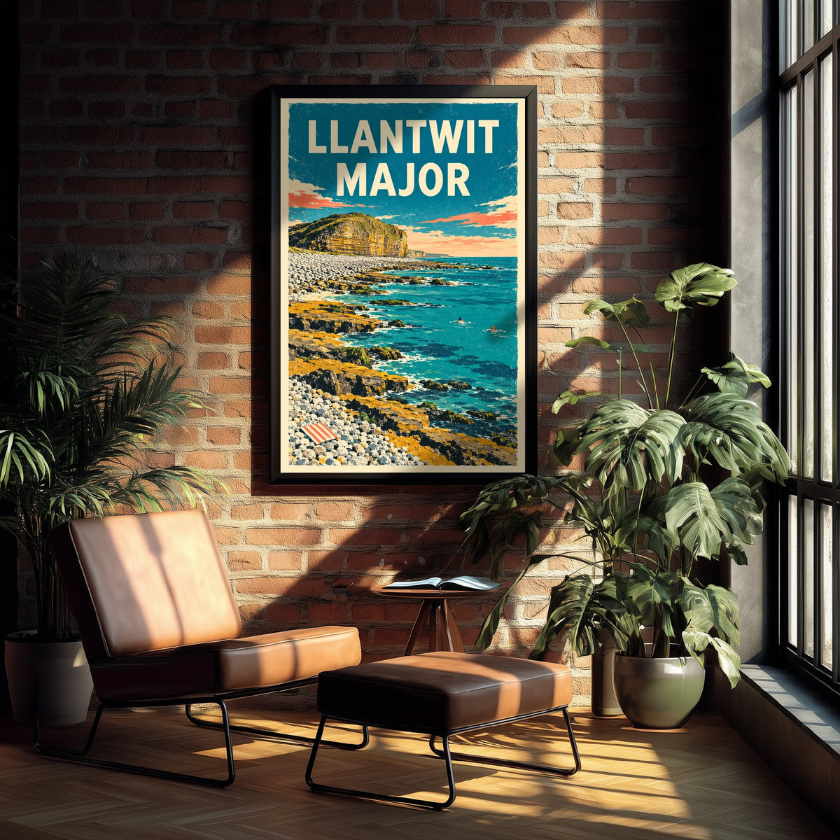 Llantwit Major Travel Poster - Dappled Blue Art Print - Grainy Retro Seaside Illustration - Heritage Coast Ledges