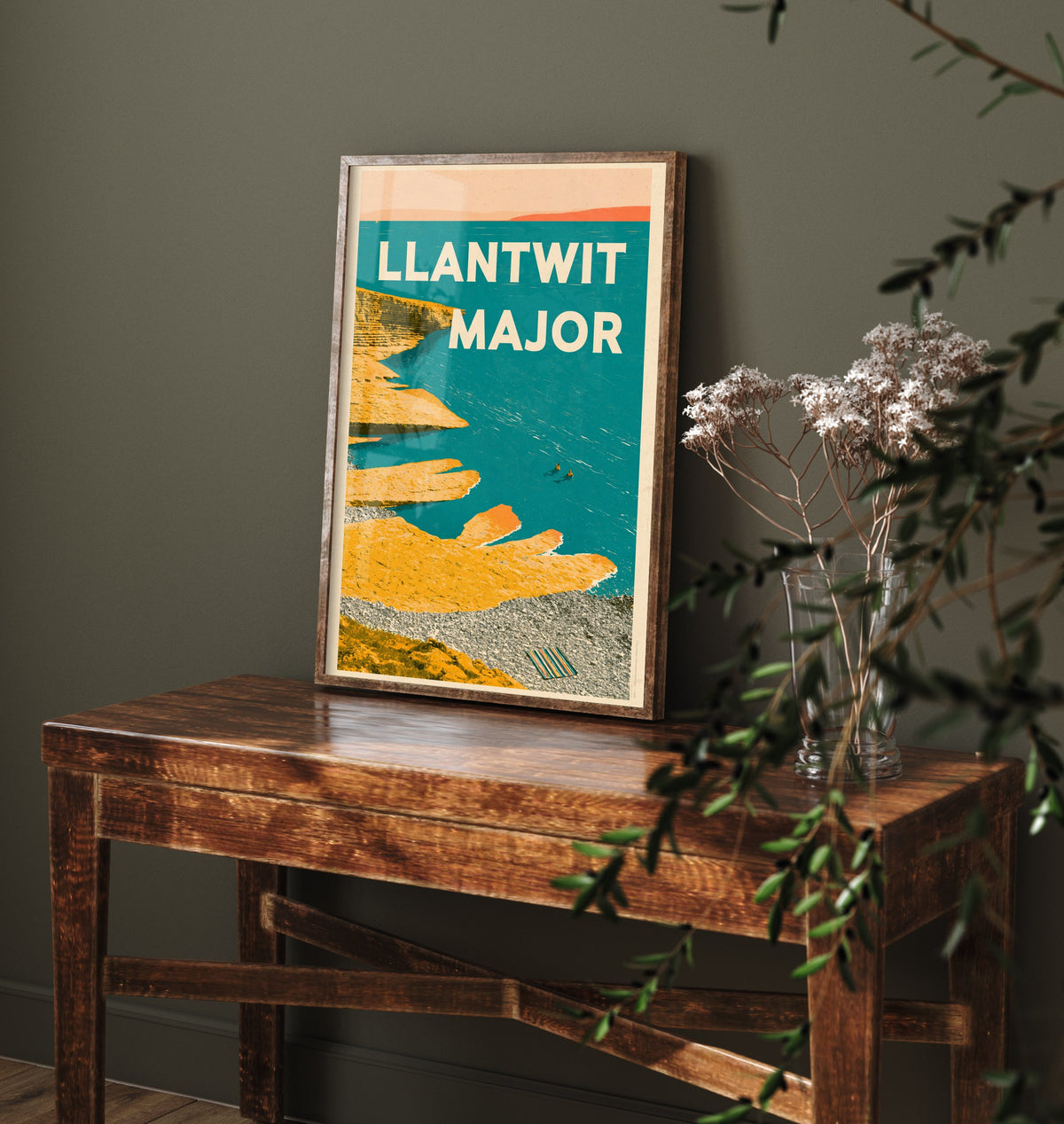 Llantwit Major Travel Poster - Electric Blue Art Print - Mid Century Seaside Illustration - Heritage Coast Ledges