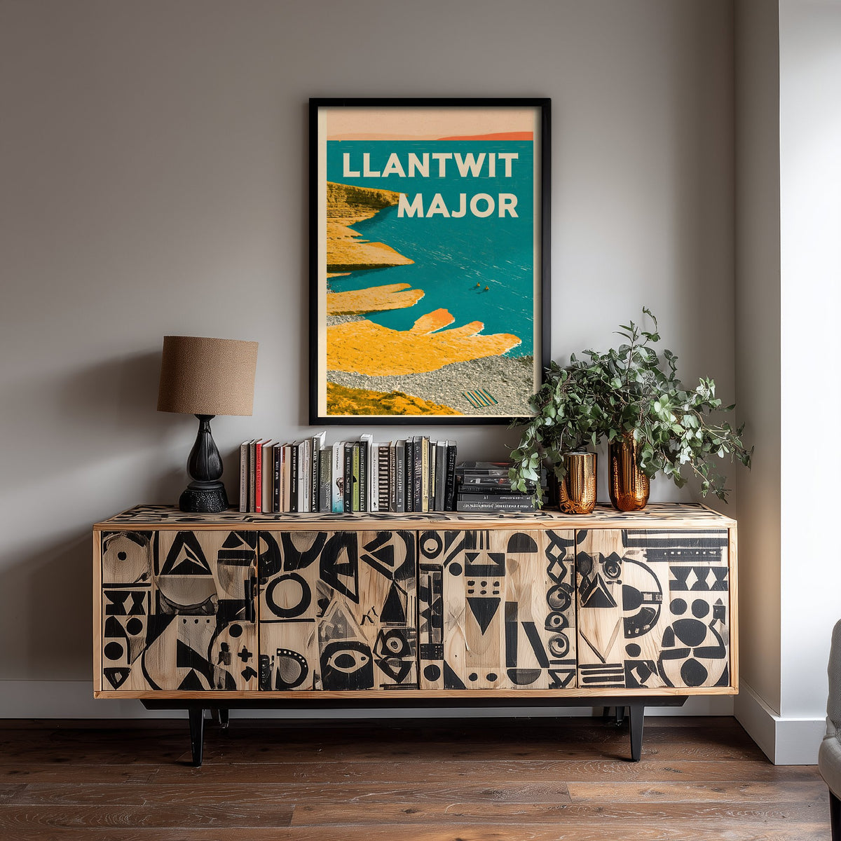 Llantwit Major Travel Poster - Electric Blue Art Print - Mid Century Seaside Illustration - Heritage Coast Ledges