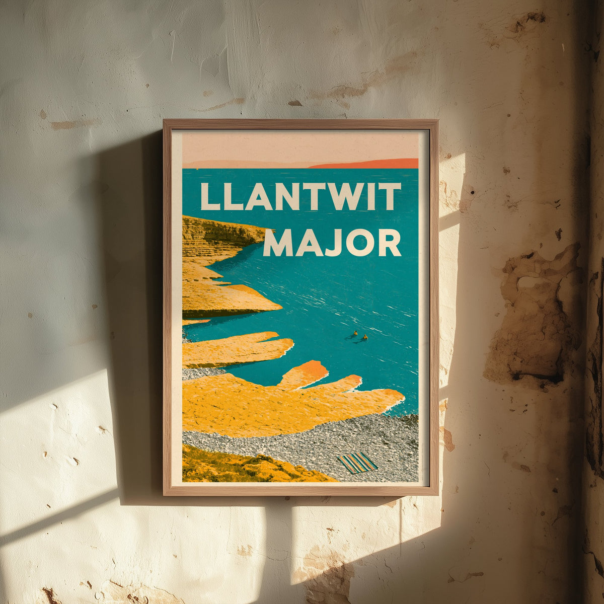 Llantwit Major Travel Poster - Electric Blue Art Print - Mid Century Seaside Illustration - Heritage Coast Ledges
