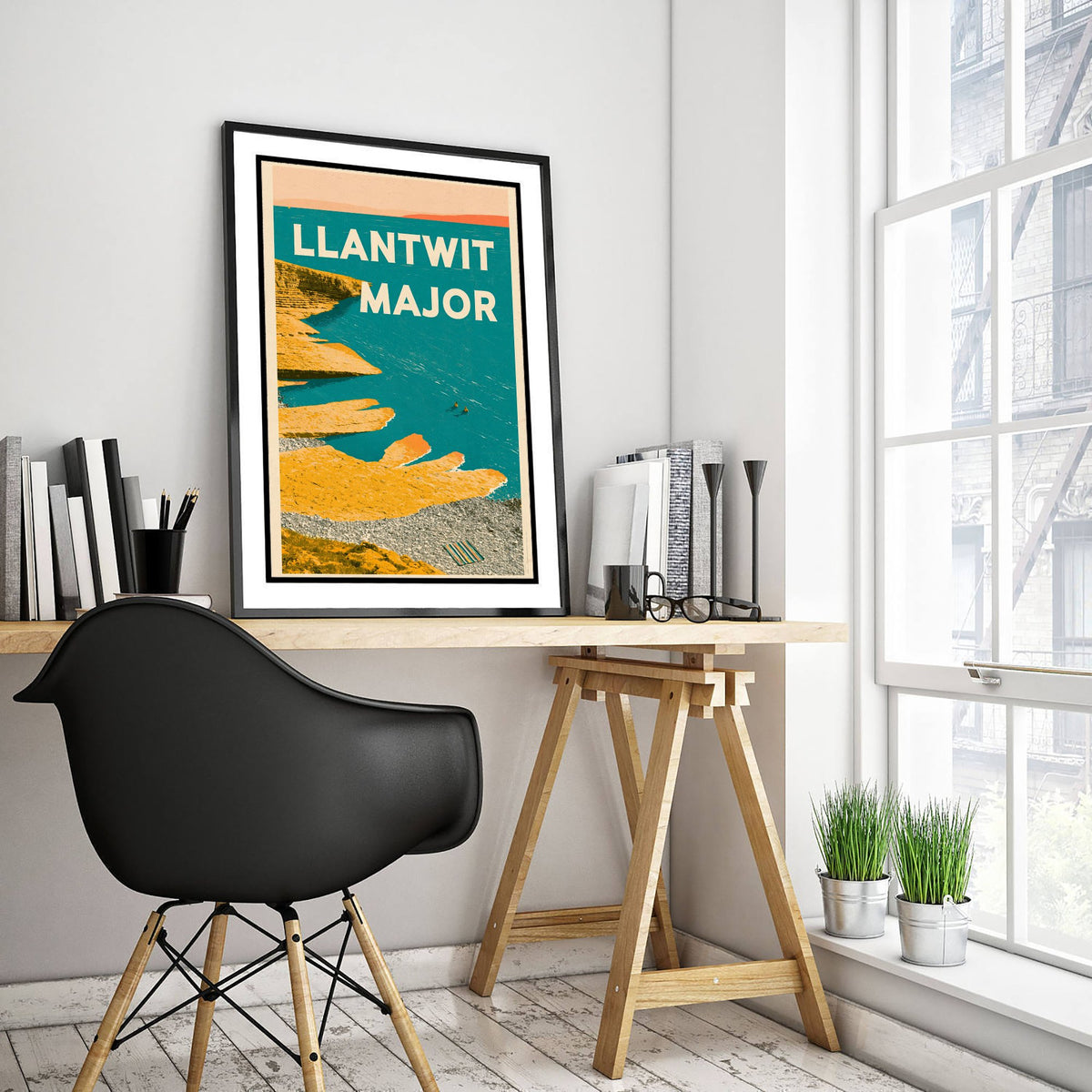 Llantwit Major Travel Poster - Electric Blue Art Print - Mid Century Seaside Illustration - Heritage Coast Ledges