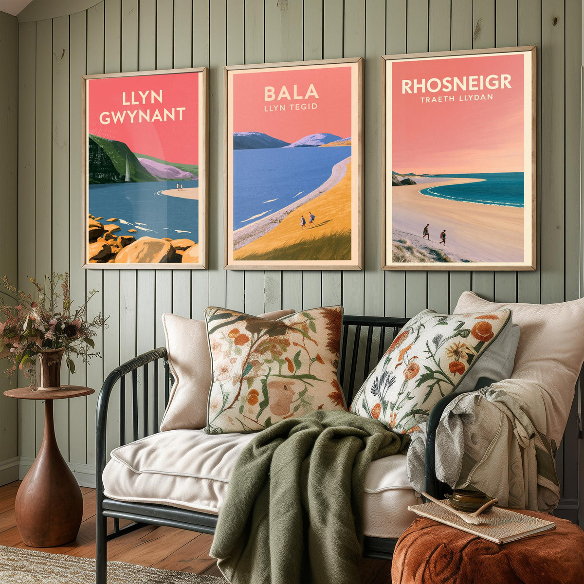 Llyn Gwynant, Bala and Rhosneigr Set of Three Art Prints - Pink Summer North Wales Lake and Beach Posters - Eryri Anglesey Illustration V2