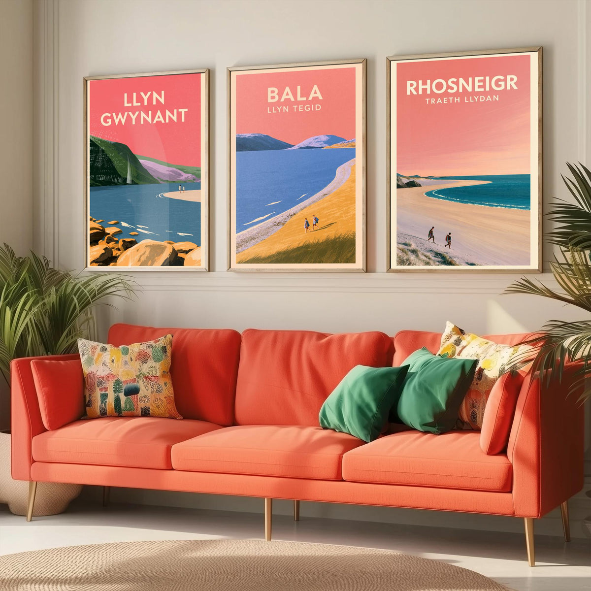Llyn Gwynant, Bala and Rhosneigr Set of Three Art Prints - Pink Summer North Wales Lake and Beach Posters - Eryri Anglesey Illustration V2