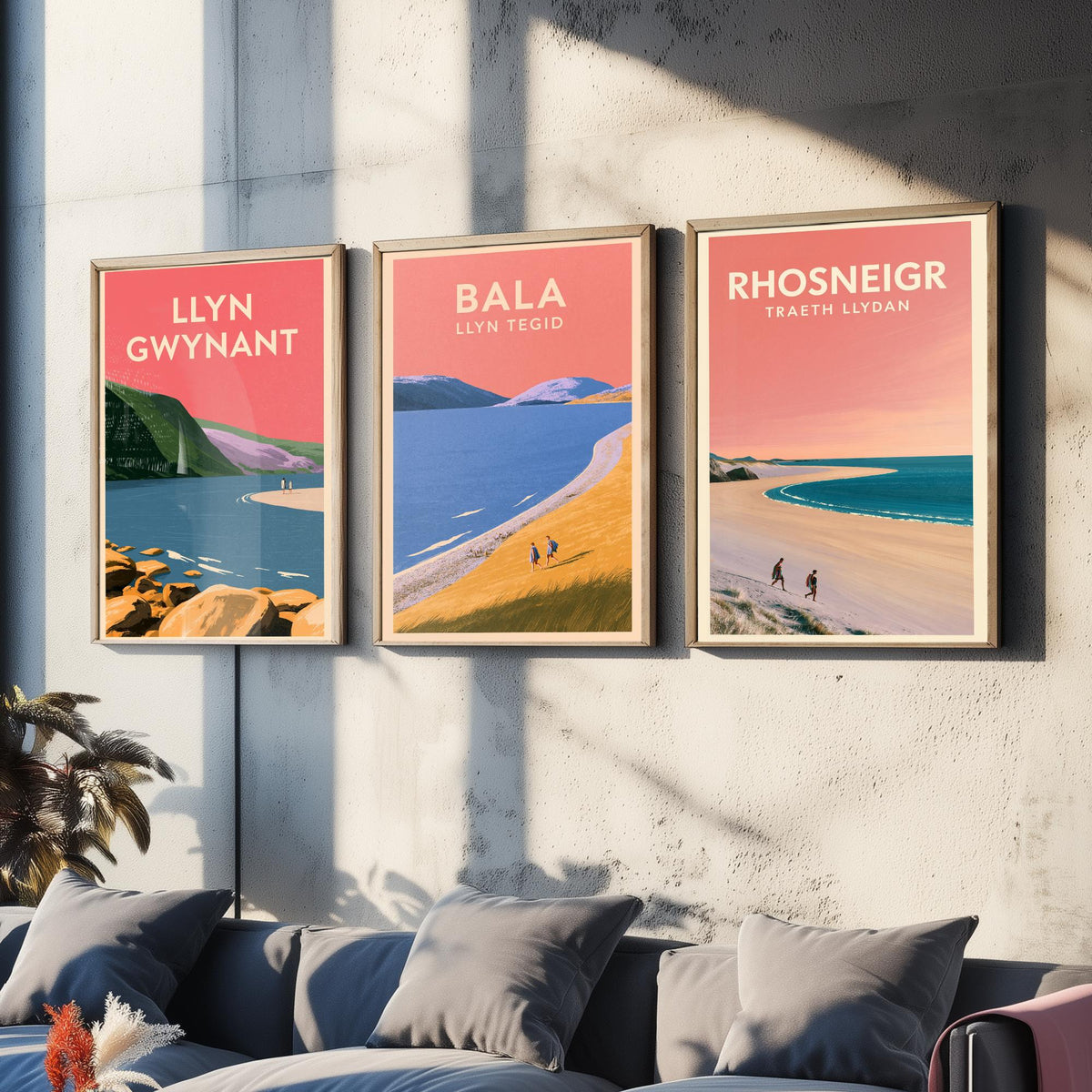 Llyn Gwynant, Bala and Rhosneigr Set of Three Art Prints - Pink Summer North Wales Lake and Beach Posters - Eryri Anglesey Illustration V2