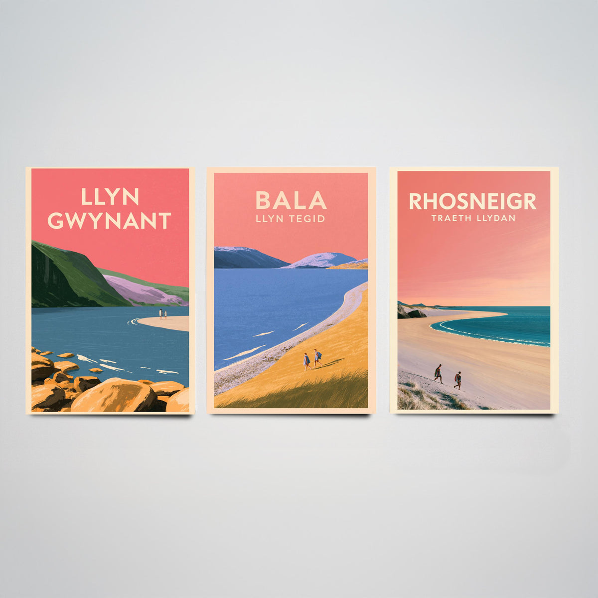 Llyn Gwynant, Bala and Rhosneigr Set of Three Art Prints - Pink Summer North Wales Lake and Beach Posters - Eryri Anglesey Illustration V2
