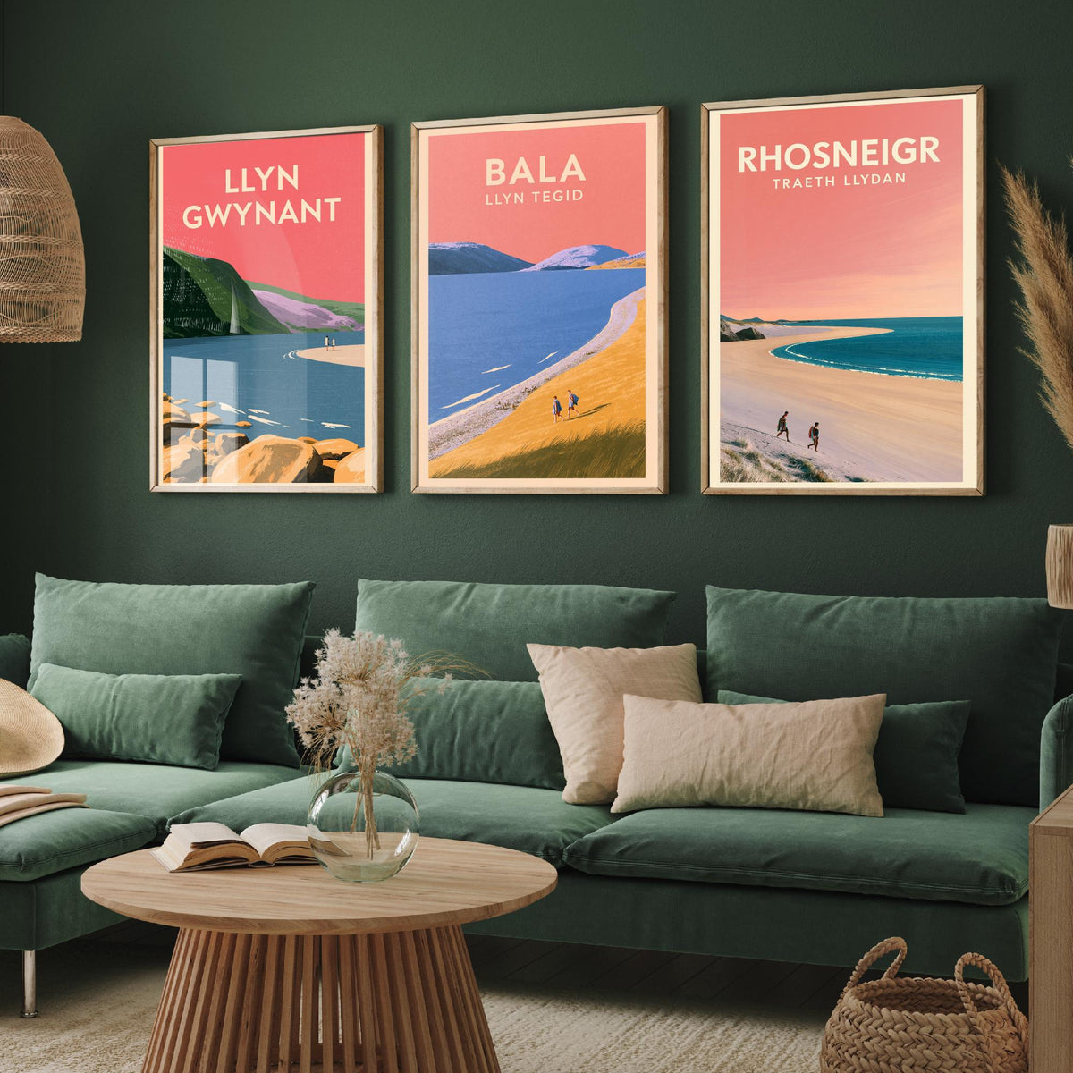 Llyn Gwynant, Bala and Rhosneigr Set of Three Art Prints - Pink Summer North Wales Lake and Beach Posters - Eryri Anglesey Illustration V2