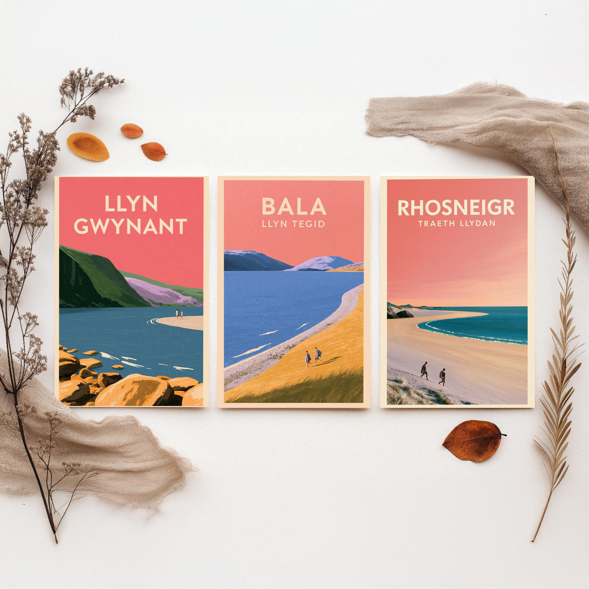 Llyn Gwynant, Bala and Rhosneigr Set of Three Art Prints - Pink Summer North Wales Lake and Beach Posters - Eryri Anglesey Illustration V2
