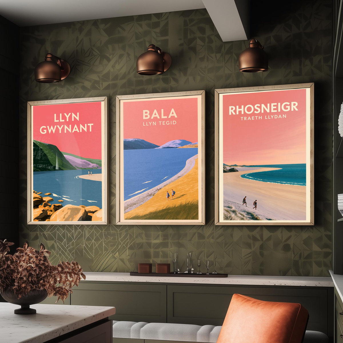 Llyn Gwynant, Bala and Rhosneigr Set of Three Art Prints - Pink Summer North Wales Lake and Beach Posters - Eryri Anglesey Illustration V2