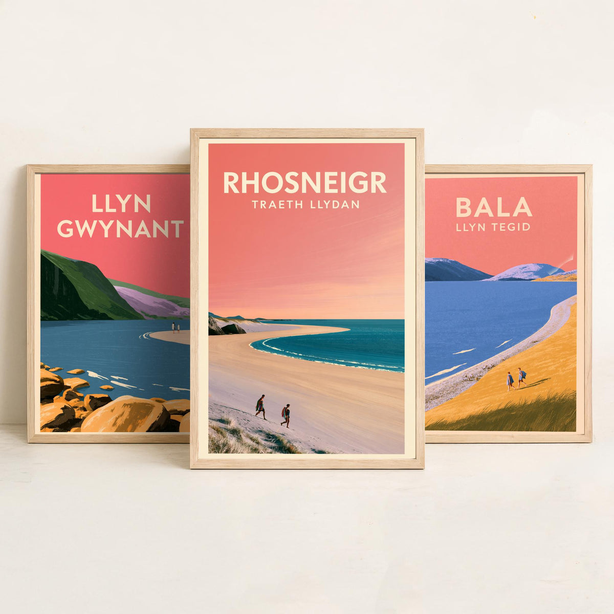 Llyn Gwynant, Bala and Rhosneigr Set of Three Art Prints - Pink Summer North Wales Lake and Beach Posters - Eryri Anglesey Illustration V2